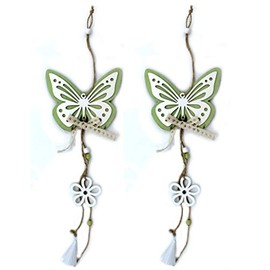 DARO DEKO Wooden Hanging Butterfly with Bow 45 cm Green / White Pack of 2