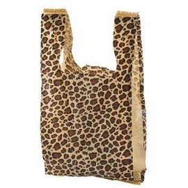 100 Leopard Print Disposable Plastic T-Shirt Shopping Gift Bags with Handles by CYP - Small - 8" x 5" x 16"
