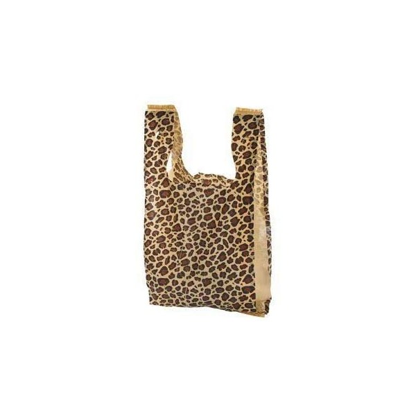 100 Leopard Print Disposable Plastic T-Shirt Shopping Gift Bags with Handles by CYP - Small - 8" x 5" x 16"