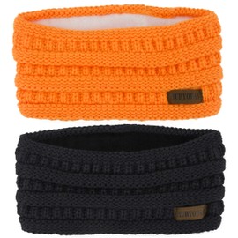 Muryobao 2 Pack Women Winter Warm Headband Fuzzy Fleece Lined Thick Cable Knit Crochet Head Wrap Ear Warmer, Black & Neon Orange, 1 Count (Pack of 1)