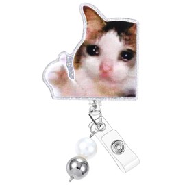 JoySolar Funny Badge Reel Retractable - Funny Crying Sad Cat Retractable ID Name Card Badge Reel Holder with Alligator Clip, Nurse Office Medical Worker Student Accessories Gifts