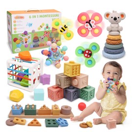 YHHYTOY 6-in-1 Montessori Baby Toys 0-6 6-12 Months, Infant Teething Toy Stacking Blocks Rings Shape Sorter Sensory Fidget Spinner Toys for Toddler 1-3, First Baby Gift Set for 6 Month Old Girls Boys