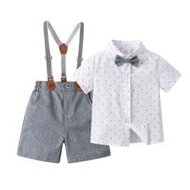 Conjuntos de pantalones cortos para caballero para bebés y niños, trajes de bebé, camisa, pantalones cortos, pajarita y tirantes, Gris y blanco., 18-24 Meses