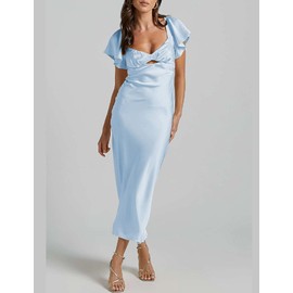 Summer Satin Flutter Sleeve Wedding Guest Dresses for Women Sweetheart Neckline Cutout Tie Back Midi Cocktail Dress Lightblue