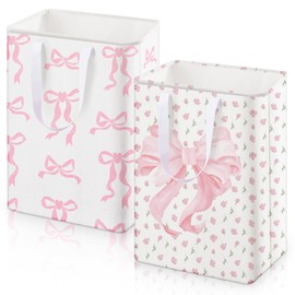 Reallnaive 2 Pack Pink Bow Large Laundry Baskets, Bow Laundry Hamper with Handle, Pink Waterproof Canvas Fabric Lightweight Storage Basket, Bathroom Decor, Collapsible Clothes Hamper in Room