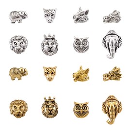 Cheriswelry 48pcs Mixed Tibetan Solid Metal Animal Head Beads Spacer Charms Antique Elephant Lion Wolf Leopard Dragon Head Loose Beads for European Men Bracelets Jewelry Making Supplies Accessory