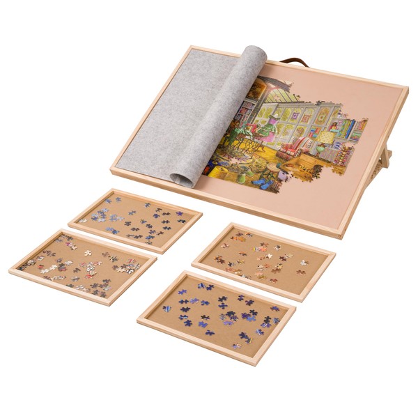 Lavievert Adjustable Jigsaw Puzzle Board with 4 Sorting Trays & Cover, 6-Tilting-Angle Puzzle Easel with PU Handle for Adults, Portable Wooden Puzzle Table with Non-Slip Surface for Up to 1500 Pieces