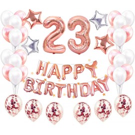 23rd Birthday Number Balloons, Decoration, 31.5 inches (80 cm), "23" Number Balloons, Combination, Happy Birthday Banner, Happy Birthday, Rose Gold, Heart Balloons, Confetti Balloons, Star Balloons, Birthday Decoration, 48 Pieces (Rose Gold, 23)