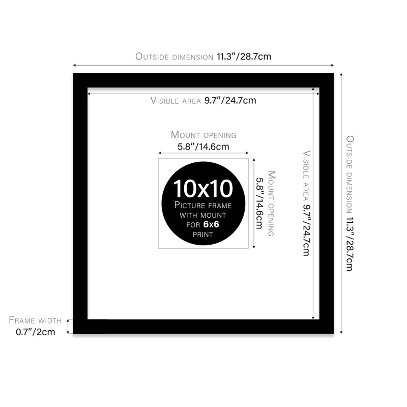 10x10" Square Picture Frame, Display Pictures 6x6" With Mat or