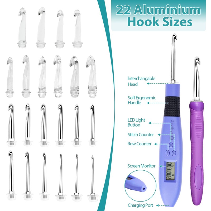 Crochet Hooks Set LED Crochet Hook Set with Counter, 22