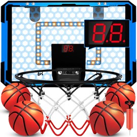 Indoor Basketball Hoop for Kids, Over The Door LED Light Mini Basketball Hoop with Scoreboard & 4 Balls - Basketball Toys Gifts for 3 4 5 6 7 8 9 10 11 12 Year Old Boys and Girls