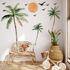 Large Boho Tropical Watercolor Palm Tree Wall Decal | Self-Adhesive Removable Nature-Inspired Wall Art with Sunset, Beach & Birds | Vibrant Home Decor for Living Room, Bedroom, Nursery.