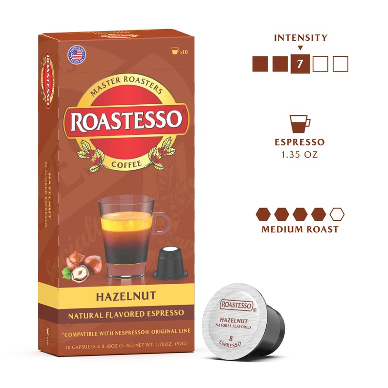 Roastesso Coffee, Natural Hazelnut Flavored Espresso Pods, Nespresso Capsules Compatible