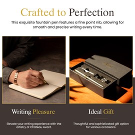 Chateau Avant Luxury Fountain Pen Gift Set - Fine Nib Fountain Pen with Black Ink Included - Refillable Fountain Pen Ink Set - Gifts for Him or Her - Full Pen and Ink Set - Grey