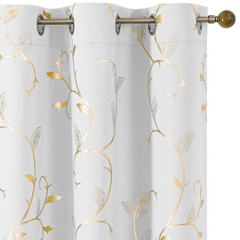 BUHUA Blackout Curtains Gold Foil Print Flower Vine Grommet Drapes, Room Darkening Thermal Insulated Curtains, Noise Reducing Blackout Curtain for Bedroom, Greyish White, 38Wx72L, 2 Panels