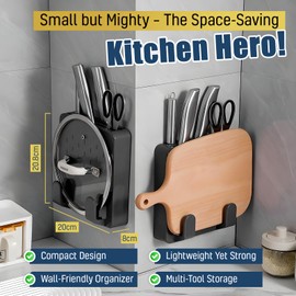 SLIMUCH Wall Mounted Knife Holder – Magnetic Strip & Utensil Organizer | Black Space Saving Knife Block with Pot Lid Rack | Kitchen Storage Rack with Mounting Hardware