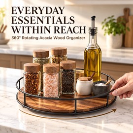 Acacia Wood Lazy Susan Turntable, 360° Rotating Kitchen Countertop Organizer with Raised Metal Rim, Round Wooden Serving Tray for Spices, Condiments, Pantry and Table
