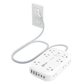 Flat Multi Plug Extender with 6 USB Wall Charger(3 USB C), 12 AC Outlets Wall Adapter, 3 ft Thin Extension Cord, Flat Plug Surge Protector Power Strip (2100J) for Home, Office, College Dorm. White