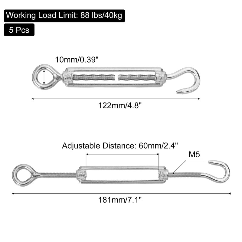 sourcing map M5 Hook and Eye Turnbuckles for Cable Wire