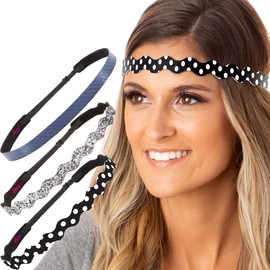 Hipsy Women's Adjustable Non Slip Wave Polka Dots & Bling Glitter Fashion Headbands 3-pack (Black/Gunmetal/Navy)