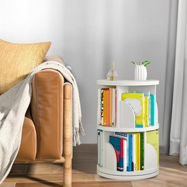 PrimeNex Rotating Bookshelf Tower 360° Display Bookcase, 2 Tier Floor Standing Book Shelf Storage Rack for Kids&Adult, Small Corner Bookshelf Organizer for Bedroom, Living Room- White