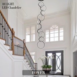 AIRYPHANT Modern LED Chandelier High Ceiling Staircase Chandeliers Foyer Lighting Black 10 Rings Dimmable Remote Control Chandeliers Entryway, 3000K-6500K, Max Suspension Length 98"