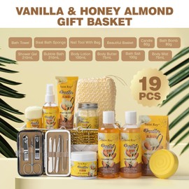 Bath & Body Gift Set, 19pcs Vanilla & Honey Almond Scents Bath Gift Baskets Home Spa Gift, Bath Spa Kit For Women and Men Luxury Home Spa Bath Gift Basket, Skin Care Gift Set, Spa Gifts, Pamper Gifts