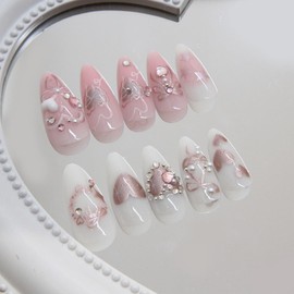 SXVME Pink 3D Press on Nails Medium Short Almond, Heart Spring Fake Nails with Designs, Almond Glue on nails with Diamond, Thick Cute Stiletto Medium Short Nails for Women and Girls, 24 Pcs