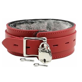 Astoria Collar Handmade Real Latigo Leather Luxurious Fur Choker Made in USA (Red, Large)