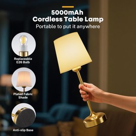 NookNova Bedside Table Lamp, 5000mAh Touch Bedside Table Cordless Lamp Nightstand Desk Lamp with USB Charging Pleated Fabric Shade for Bedroom, Dorm, Living Room, Office, Kids Room 1 Piece