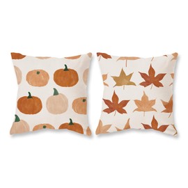 TAJWE Fall Pillow Covers 18x18 Inch Set of 2 Orange Maple Leaves Pumpkins Autumn Pillowcases Farmhouse Decorative Seasonal Thanksgiving Harvest Cushion Cases for Sofa Couch Home Decor