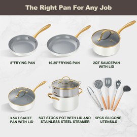 OUBRL ceramic cookware set,Healthy,Non Toxic,Pots and Pans Set non stick,14-Pcs Kitchen induction cooking Sets, nonstick Pot and Pan Set with silicione Utensils,PFOS/PFOA Free,Cream and Gold