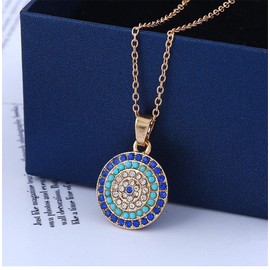 HMOOY Lucky Round Evil Eye Jewelry Set, Gold Inspirational Turkish Hamsa Blue Cubic Zirconia Crystal Pendant Necklace Ring Bracelet & Stud Earrings Sets for Women (Blue)