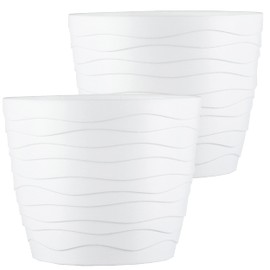 Tymar Flower Pot, 2 Pack Round Shape Planter, Indoor Planter, Plastic Planter, Lightweight Twin Pack with 3D Wave Design (19cm, White)