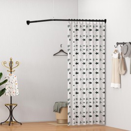 Corner Shower Curtain Rod, Curved Shower Curtain Rod, Adjustable L Shaped Shower Rod for Bathroom, Clothing Store, Stainless Steel with 12 Ring Hooks & Ceiling Support (Black, 24"-37" X 24"-37")