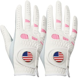 Amy Sport Women's Golf Gloves Left Hand Right with Ball Marker Value 2 Pack, All Weather Grip Rain Soft Leather Pink Size Small Medium Large XL (Large-Worn on Right Hand)