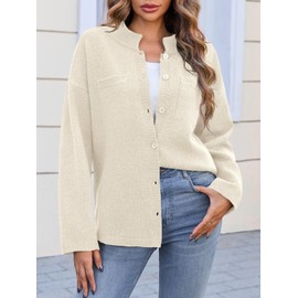 Saodimallsu Womens Button Up Knit Cardigans Oversized Collared Casual Long Sleeve Open Front Fall Sweater Jackets Beige