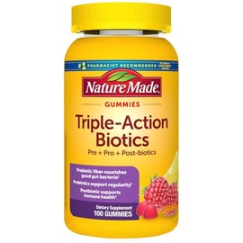Nature Made Triple-Action Biotics, Prebiotic Fiber Gummies, 100 Gummies | Digestive Probiotics for Women and Men, Gut and Immune Health Support, Veget
