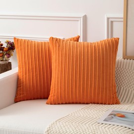 Kevin Textile Fall Pillow Covers 18x18 Striped Corduroy Velvet Cushion Covers Set of 2 Baby Square Decorative Pillowcase for Seasonal Autumn, 18 x 18 inch, Orange