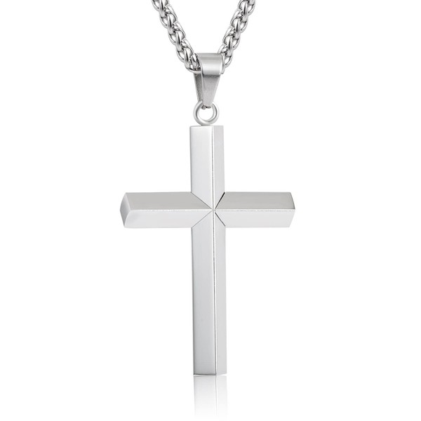 P.Blake Beveled Edge Cross Necklace for Men Stainless Steel Chain