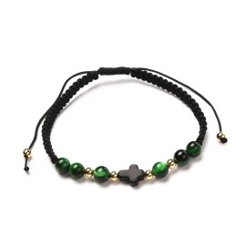 LZD Unisex Dark Green Tiger Eye Stretch Bracelet Cross Black Adjustable Healing T55