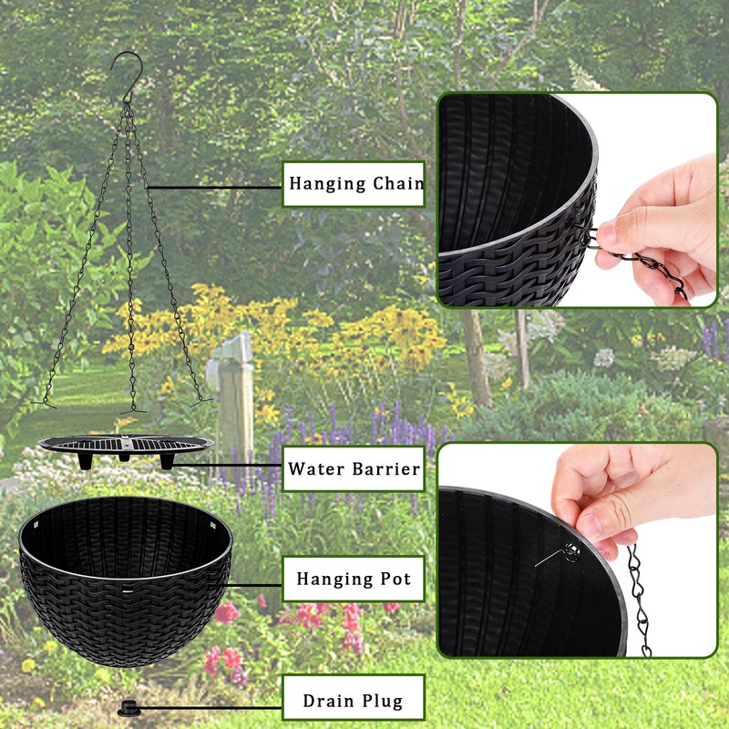 Foraineam 4 Pack Black Hanging Planters, 8.2 inch Hanging Flower