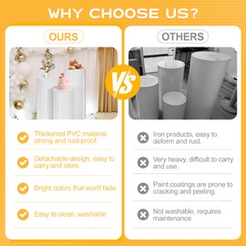 ROOLLYA Thickened PVC Cylinder Pedestal Stands 3Pcs with Free Weighted Water Bag - White Round Pedestal Stand for Wedding, Birthday, Babyshower Decoration 35.4''(L),29.5''(M),23.6''(S)