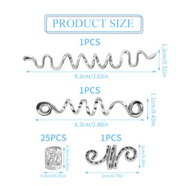 Zsanhua 28 Pcs Spiral Dreadlocks Hair Beads, Spiral Hairpins and Hair Beads Dreadlocks Hair Jewellery, Metal Hair Cuffs Hair Braid Rings Alloy Braid Accessories for Women Men - Silver
