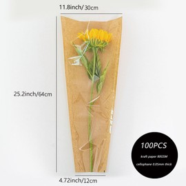 Acrux7 100PCS Flower Bouquet Wrapping Paper, 25.2x11.8x4.7 Inch Brown Kraft Flower Sleeves for Bouquets, Rose Floral Wrapping Paper for Wedding, Graduation, Bridal, Mother's Day, Anniversary, Birthday