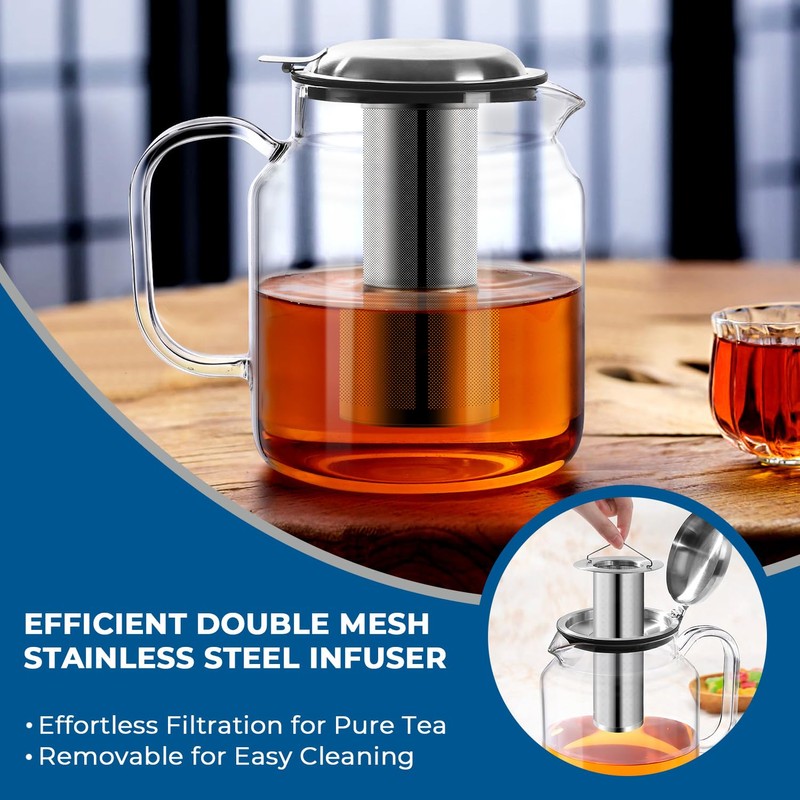 Aquach 85oz Glass Teapot with Stainless Steel Removable Infuser, Stovetop