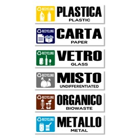 GamesMonkey® - Stickers Separate Collection Recycling Waste Rubbish v1 - Waterproof Washable Illustrated - Italian English - Compliant with UNI 11686 (15x4 cm, 6 Pieces)