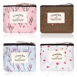 Zyghjort Mini Makeup Bag, 4 Pcs Linen Floral Small Makeup Bag for Purse Portable Small Zipper Pouch Cute Fabric Mini Cosmetic Bags for Women Girls Home Travel Lipstick Coin Cards Storage (4 Style)
