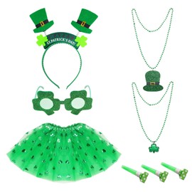 Heliltd 8Pcs St. Patrick'S Costume Accessories Set Includes 3 Layered Tulle Tutus for Women Glitter Shamrock Sunglasses Headband Beaded Necklace and Blowouts
