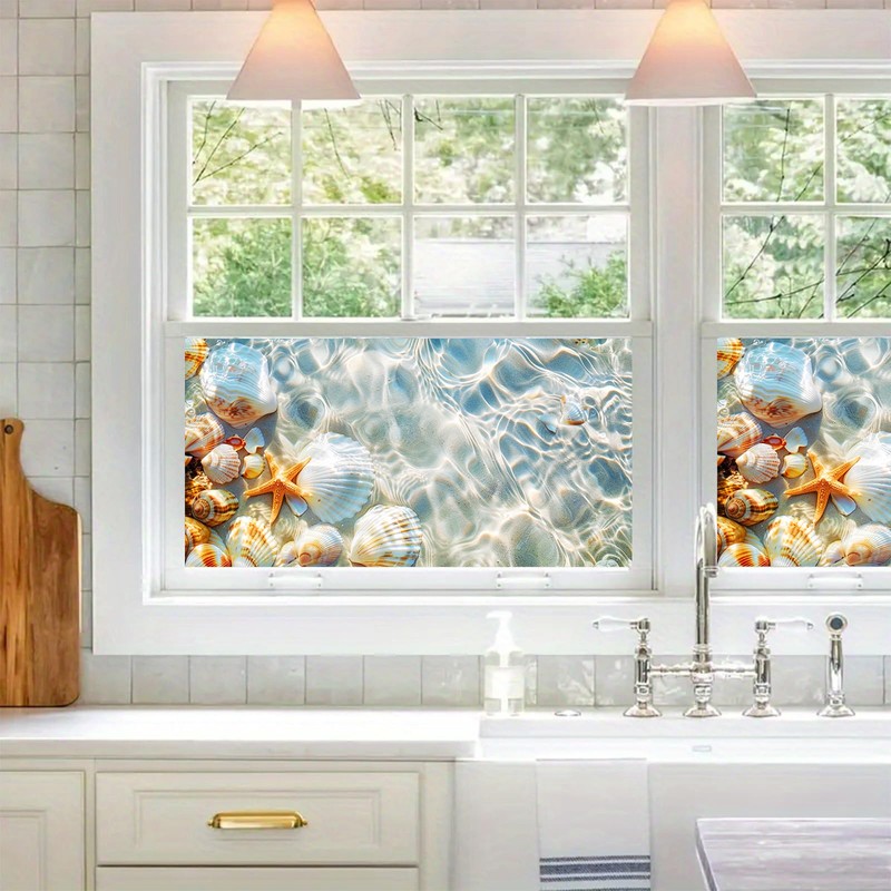 HOMETITUTE Seaside Shell Starfish Scene Window Cling 39.3x17.7 Inch PVC
